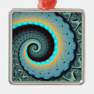 Ornement Carré Argenté Art fractal spirale abstrait bleu turquoise orange