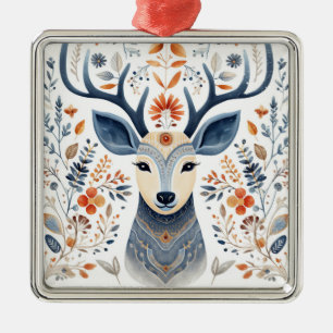 Ornement Carré Argenté Art populaire Renne scandinave Noël