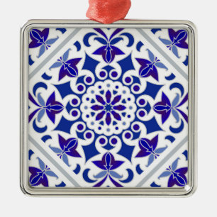 Ornement Carré Argenté Azulejos indigo Portugais carreaux bleus et blancs