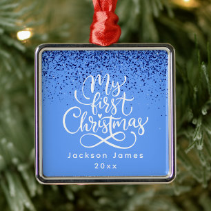 Ornement Carré Argenté Baby Boy My First Christmas Blue Custom Name