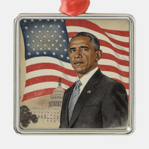 Ornement Carré Argenté Barack Obama devant le drapeau américain et le Cap