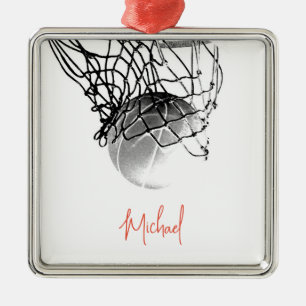 Ornement Carré Argenté Basket-ball noir et blanc & Net Votre nom