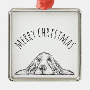 Ornement Carré Argenté basset hound noir blanc yeux de chiot simple 