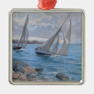 Ornement Carré Argenté Bateaux à voile sur la rivière
