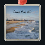 Ornement Carré Argenté Beach at Ocean City<br><div class="desc">Tide rolling onto the beach at Ocean City,  Maryland in autumn</div>