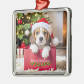 Ornement Carré Argenté Beagle Puppy Christmas Design, (Gauche)