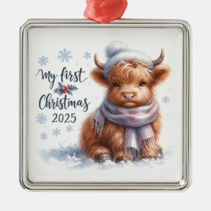 ORNEMENT CARRÉ ARGENTÉ BEAU BÉBÉ VACHE HIGHLAND POUR MON PREMIER NOËL