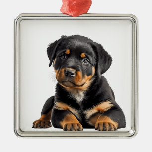 ORNEMENT CARRÉ ARGENTÉ BEAU CHIEN POPULAIRE NOIR & TAN ROTTWEILER