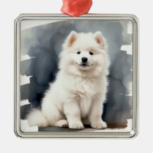 ORNEMENT CARRÉ ARGENTÉ BEAU CHIEN SAMOYEN BLANC FLUFÉ