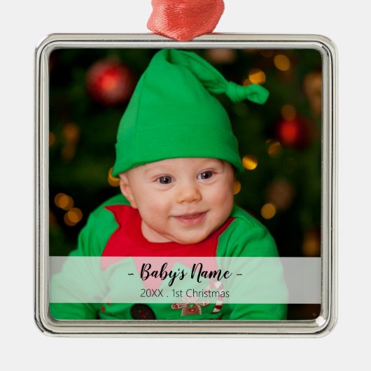 Ornement Carré Argenté Bébé 1er Noël Année Photo Script Nom Premium (Devant)