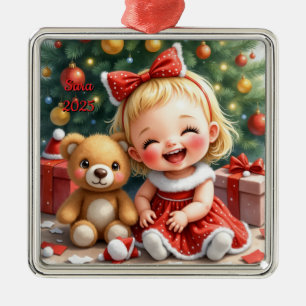 Ornement Carré Argenté Bébé fille Noël personnalisé, joli grand mile