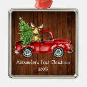 Ornement Carré Argenté Bébé premier Noël Camion rouge Moose Rustic (Devant)