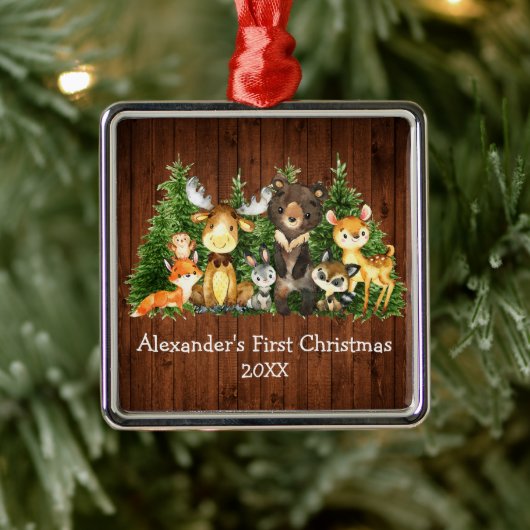 Ornement Carré Argenté Bébé Première forêt de Noël Animaux rustiques (Arbre)