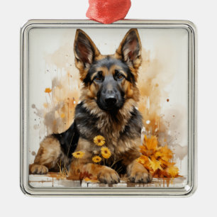 ORNEMENT CARRÉ ARGENTÉ BELLE COULEUR D'EAU CHIEN GERMAN SHEPHERD PUPPER D