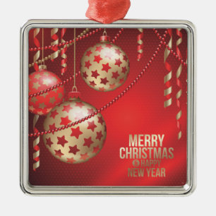 Ornement Carré Argenté Belles Boules de Noël Rouges et Dorées