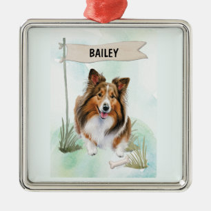 Ornement Carré Argenté Berger des Shetland Aquarelle Chien Personnalisé