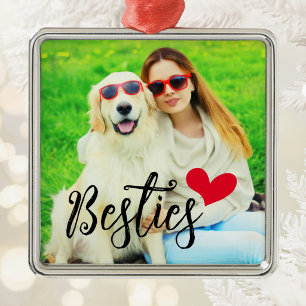Ornement Carré Argenté Besties Mignonne Chien Maman Coeur Rouge Photo