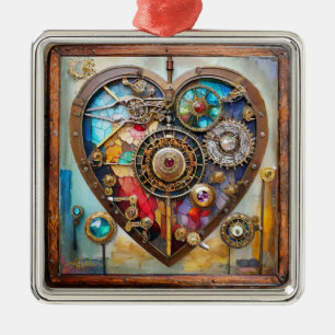 Ornement Carré Argenté Bijoux Et Vitrail Coeur Série Steampunk