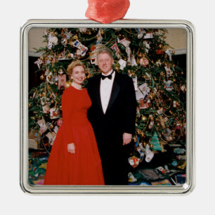 Ornement Carré Argenté Bill et Hillary Clinton Noël Maison-Blanche