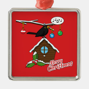 Ornement Carré Argenté Bird House Joyeux Noël