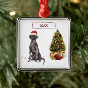 Ornement Carré Argenté Black Lab Funny Chien de Noël et arbre