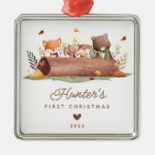 Ornement Carré Argenté Bois Animaux Baby's First Christmas (Devant)