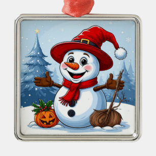 Ornement Carré Argenté Bonhomme de neige joyeux portant un chapeau de Pèr