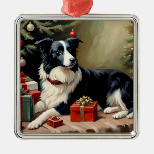 Ornement Carré Argenté Bordure Collie Noël