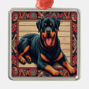 Ornement Carré Argenté Bordure colorée stylée Rotweiler Chien 3D