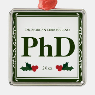Ornement Carré Argenté Bordure Vert Blanc Nom Holly Année Doctorat