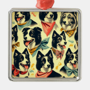 Ornement Carré Argenté Bordure vintage Collie sans fil