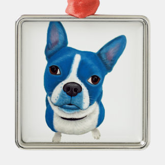 Ornement Carré Argenté Boston bleu Terrier