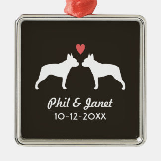Ornement Carré Argenté Boston Terrier Silhouettes Love Chiens Couple Cust