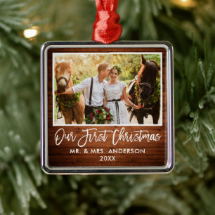 Ornement Carré Argenté Bracelet Mariage bois Notre premier Noël