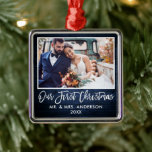 Ornement Carré Argenté Bracelet Mariage en bois bleu Notre premier Noël<br><div class="desc">Brosse moderne,  Bois bleu rustique Notre premier ornement photo Mariage de Noël</div>