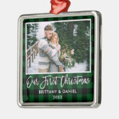 Ornement Carré Argenté Bracelet Script Vert Plaid Couple Premier Noël (Gauche)