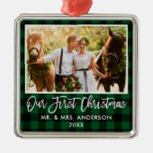 Ornement Carré Argenté Bracelet Script Vert Plaid Mariage premier Noël (Devant)