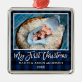 Ornement Carré Argenté Brosse Script bleu Plaid Baby First Christmas (Devant)