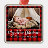 Ornement Carré Argenté Brush Script Red Plaid Baby First Christmas (Devant)