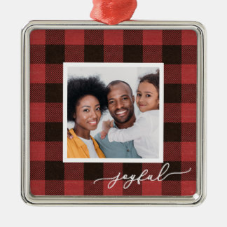 Ornement Carré Argenté Buffalo Plaid avec Joyeux Script photo Noël