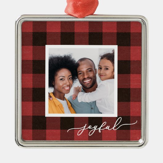 Ornement Carré Argenté Buffalo Plaid avec Joyeux Script photo Noël (Devant)