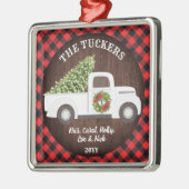 Ornement Carré Argenté Buffalo Plaid Monogramme Chariot de Noël blanc (Gauche)