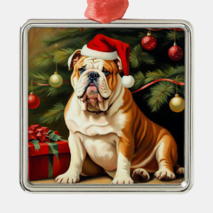 Ornement Carré Argenté Bulldog anglais à Santa hat,