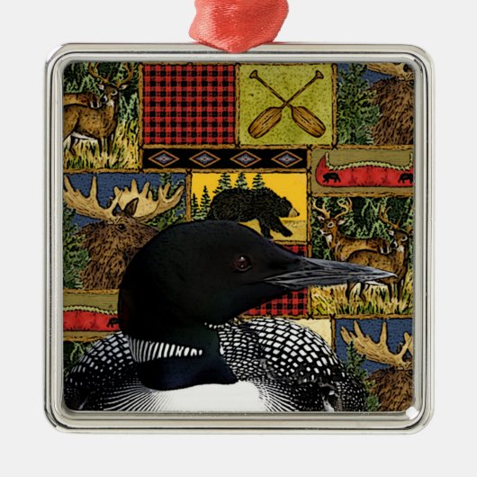 Ornement Carré Argenté Cabine Rustic Loon Northwoods (Devant)
