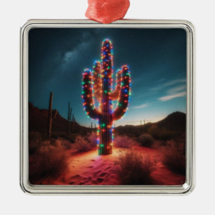 Ornement Carré Argenté Cactus du désert du sud-ouest de Noël