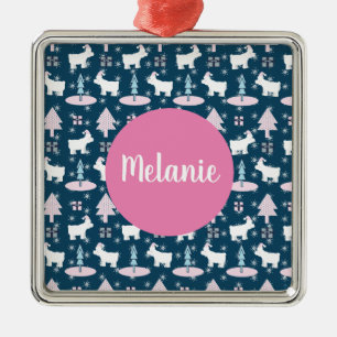 Ornement Carré Argenté Cadeau de Noël Monogramme Ours Polaire et Arbres