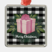 Ornement Carré Argenté Cadeau de Noël Plaid Buffalo | Rose (Devant)