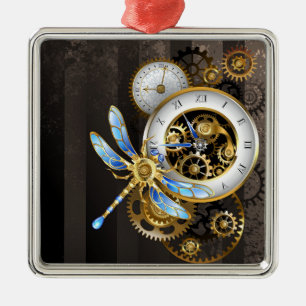Ornement Carré Argenté Cadran Steampunk avec libellule