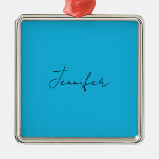 Ornement Carré Argenté Calligraphie Élégante Plaque Simple Nom Bleu