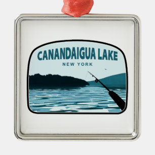 Ornement Carré Argenté Canandaigua Lake New York Fishing Rod